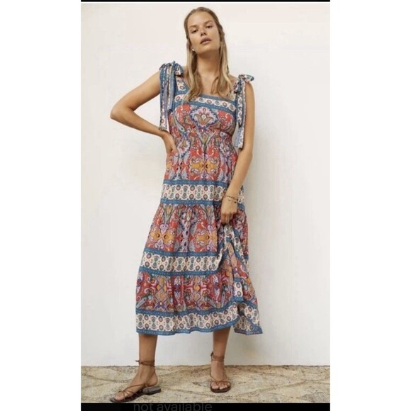 Shoshanna Basel Midi Dress Womens 4 Tiered Floral Shoulder Ties CottageCore Boho - Picture 7 of 7